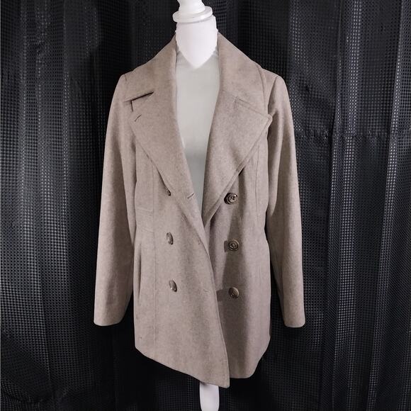LONDON FOG! TAN/BEIGE FINE WOOL BLEND DOUBLE BREASTED PEACOAT, JACKET! SZ L - Picture 3 of 13